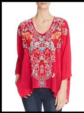Johnny Was Red Valerie Embroidered Blouse Sz S